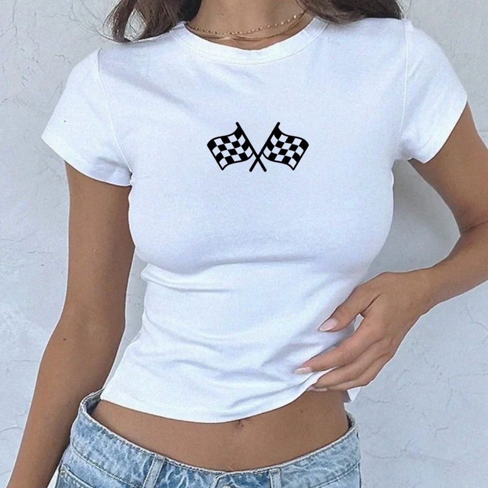 White Graphic Tee with Checkered Flags